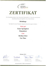 Bäckerei Brinkhege - Zertifikat Brotprüfung 2019